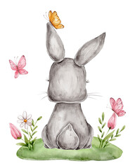 Cute bunny with butterfly; watercolor hand drawn illustration 