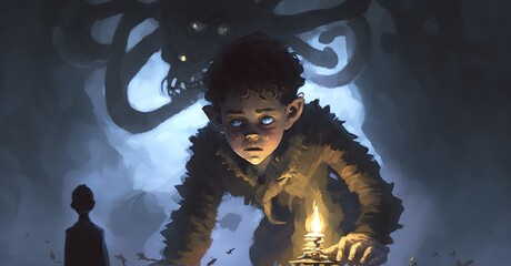 Wall Mural - young boy lit the candle without realizing that there was a demon behind him, digital art style, illustration painting, Generative AI