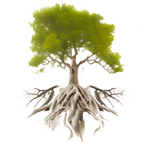 The Tree And Roots With Green Leaves Look Beautiful And Refreshing. Tree And Roots Logo Style. Isolated In Png Style
