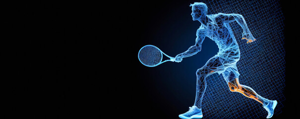 Abstract silhouette of a tennis player on blue background. Tennis player man with racket hits the ball. illustration, Generative AI