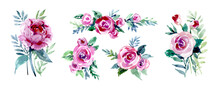 Roses, Rosebuds. A Set Of Watercolor Flowers On A White Background. Flower Arrangements For The Design Of Postcards, Invitations, Banners, Labels