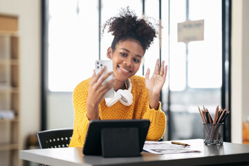 Poster - African american student woman in sweater video conference on sm