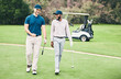 © Clayton D/peopleimages.com - Friends, sports and men on golf course walking, talking and smiling on green grass at game. Health, fitness and friendship, black man and happy golfer with smile, a walk in nature on weekend together