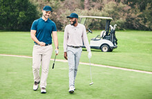 Friends, Sports And Men On Golf Course Walking, Talking And Smiling On Green Grass At Game. Health, Fitness And Friendship, Black Man And Happy Golfer With Smile, A Walk In Nature On Weekend Together