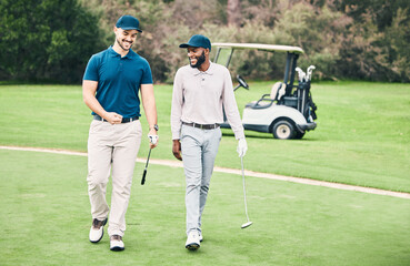 Friends, sports and men on golf course walking, talking and smiling on green grass at game. Health, fitness and friendship, black man and happy golfer with smile, a walk in nature on weekend together