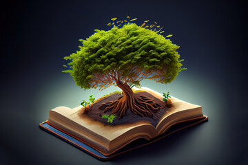 open book with green grass field and tree on blue sky background. Generative Ai