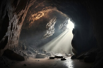 Canvas Print - sunlight rays into the cave generative ai
