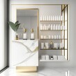 beautiful and luxurious beauty salon's empty white marble counter with a gold steel shelf holding personal care items, cosmetics for the skin and hair, and a stunning glass backdrop divider Generative