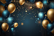 Realistic Festive background with blue and gold balloons falling confetti blurry background and a bokeh lights, copy space, Generative IA