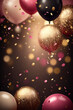 Realistic Festive background with pink and gold balloons falling confetti blurry background and a bokeh lights, copy space, Generative IA