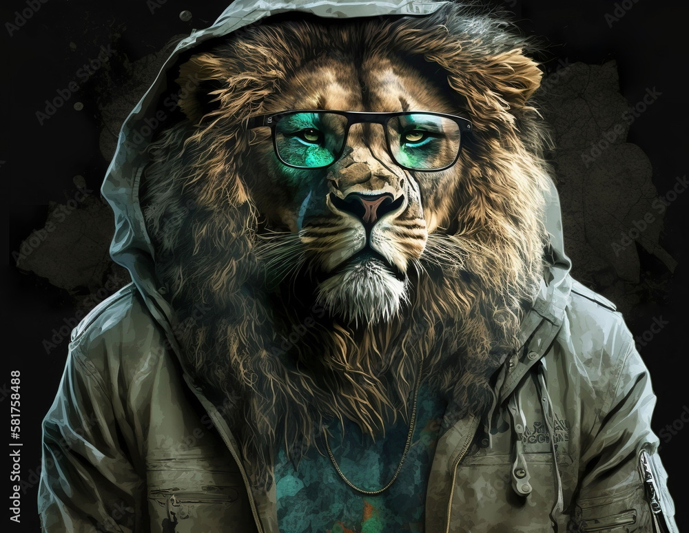 Portrait of a lion in a jacket and sunglasses, thug or gangster