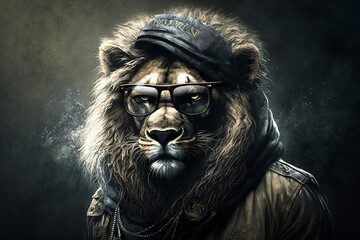 Wall Mural - Portrait of a lion in a jacket and sunglasses, thug or gangster, cool lion. Illustration. Generative AI.