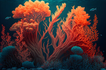 Flower sea living coral and reef color under deep dark water of sea. Generative Ai