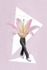 Poster - Creative poster magazine collage of unusual person with lily body dancing celebrate 8 march day