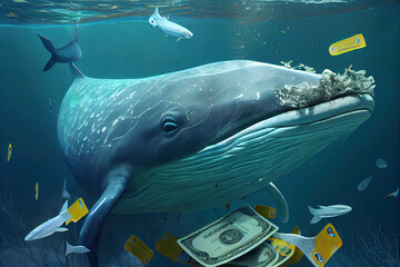 A big whale swims underwater among the money. Generative AI.