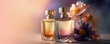 Tender Stylish Perfume Composition, Bottles Of Perfume And Flowers, Pinkish Illustration. Generative Ai