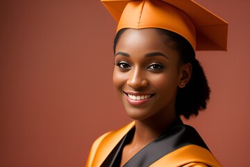 Portrait of young African American smiling female student in hat and gown posing in brown background. Successful graduation from university. Concept of education. Generative AI