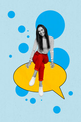 Sticker - Cartoon image mockup collage of happy young lady sitting painting speech bubble chatting on web online