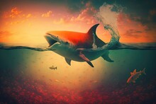 Shark Fin Goldfish Swim In The Red Sky And Green Ocean While A Shark Flips A Goldfish. Media Mix. Generative AI