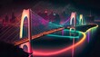 A neon city with a glowing rainbow bridge that connects two islands  Generative AI