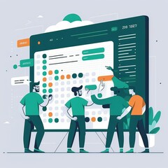 illustration of a team of developers collaborating on a software project using a whiteboard. generative ai