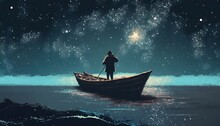 Man Rowing A Boat In The Sea Under Beautiful Sky With Stars, Illustration Painting, Generative AI