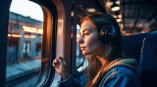 Girl In Headphones Rides A Train And Looks Out The Window. Generative AI