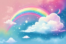 Fantasy Sky Rainbow. Fairy Skies Rainbows Colors, Magic Landscape And Dream Sky Background Illustration, Generate Ai