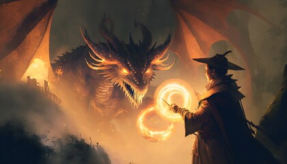Wall Mural - calling of the dragon, magician summoning monster, sorcerer casts a spell, Generative AI