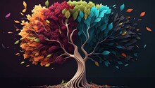 Elegant Colorful Tree With Vibrant Leaves Hanging Branches Illustration Background. Bright Color 3d Abstraction Wallpaper For Interior Mural Painting Wall Art Decor. Ai