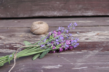 Wall Mural - Composition of Betonica officinalis, common names betony, purple betony, isolated on wooden background. Top view, creative flat layout. The concept of summer, spring, mother's day.Medicinal plants.