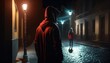 Robber in hood watches woman silhouette walking alone dark street, suspicious man hunts for female single victim on deserted street. Rear view maniac in hood wanted to rape woman, generative AI