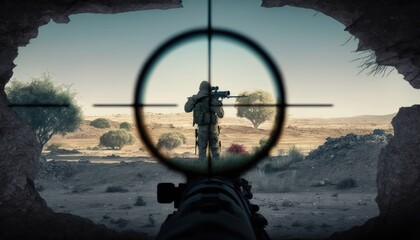 Sticker - View through scope sniper rifle to military soldier with gun, sniper aiming for take a shot and eliminate enemy, preparing for accurate shot. Sniper scope view to enemy on open space, generative AI