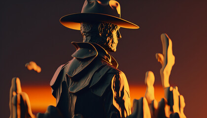 Wall Mural -  cow-boy shot Flat, Sculpture, brash colors Dreamy, sunset lighting Generative AI