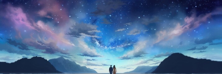 Wall Mural - Young couple in love standing on the beach, romantic night under milky way stars, vast panoramic ocean view, summer evening vacation, serenity and peace, enjoying the moment together - generative AI