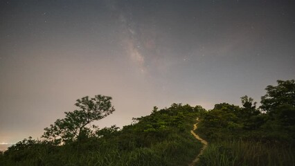 Poster - trail leads to milky way night lapse over keung shan lantau island hong kong