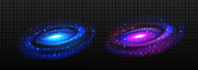 Realistic neon blue circular motion in outer space isolated on transparent background. Abstract black hole in cosmic galaxy with stars shining bright in night sky. Infinity portal with nebula effect