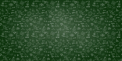 Seamless repeating pattern with science, math equations, chemistry and quantum physics research with geometrical figures on a blackboard at school