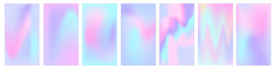 Wall Mural - Social media story holographic blurred gradient background set. Aesthetic iridescent pink and blue blurry 16x9 backgrounds. Abstract mesh holography texture. Pearlescent vector backdrop.