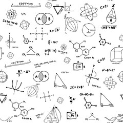 Transparent seamless repeating pattern with science, math equations, chemistry and quantum physics research with geometrical figures on a blackboard at school