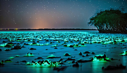 beautiful bioluminescent beach on vaadhoo island. amazing paradise islands of maldives. generative a