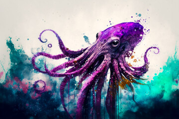 Poster - Image of purple octopus floating in the water with bubbles and bubbles around it. Generative AI.