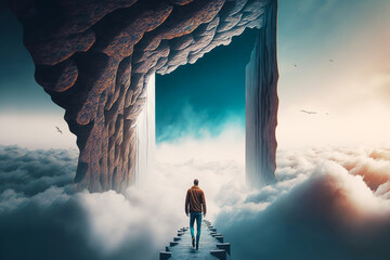 Wall Mural - Man walking up stairs to doorway in sky filled with clouds and birds. Generative AI.