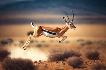 Canvas Print - Gazelle jumping in the air in the middle of desert area with cloudy sky in the background. Generative AI.