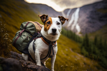 Sticker - Brown and white dog with backpack on his back standing on rock in the mountains. Generative AI.