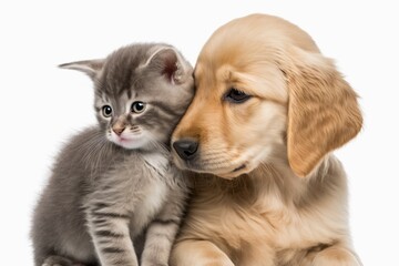 Canvas Print - A small gray kitten gets hugged and kissed by a playful golden retriever puppy. isolated against a white backdrop. Generative AI