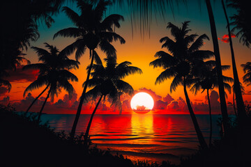 Sticker - Image of sunset with palm trees and boat on the water in the distance. Generative AI.