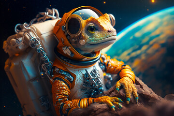 Lizard in space suit sitting on top of rock next to the earth. Generative AI.