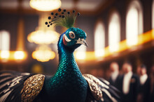 Close Up Of Peacock With Fancy Headpiece On It's Head. Generative AI.