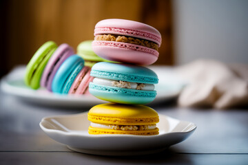 Wall Mural - Stack of macaroons sitting on top of each other on white plate. Generative AI.